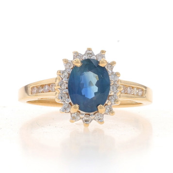 Yellow Gold Sapphire & Diamond Halo Ring - 14k Oval 1.94ctw Floral Yellow Gold Sapphire & Diamond Halo Ring - 14k Oval 1.94ctw Floral