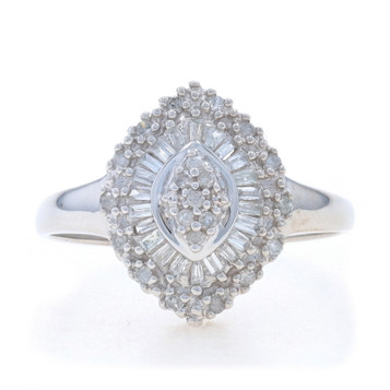 White Gold Single & Baguette Cluster Cocktail Halo Ring 10k .25ctw