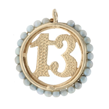 Yellow Gold Simulated Pearl Vintage 13 Charm -14k Lucky Number Birthday Pendant Yellow Gold Simulated Pearl Vintage 13 Charm -14k Lucky Number Birthday Pendant