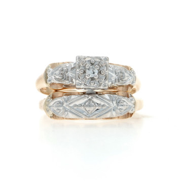 Yellow Gold Diamond Engagement Ring & Wedding Band - 14k Single Hearts