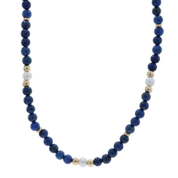 Yellow Gold Lapis Lazuli Cultured Pearl Bead Strand Necklace 29" - 14k