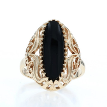 Yellow Gold Onyx Cocktail Solitaire Ring - 10k Scrollwork
