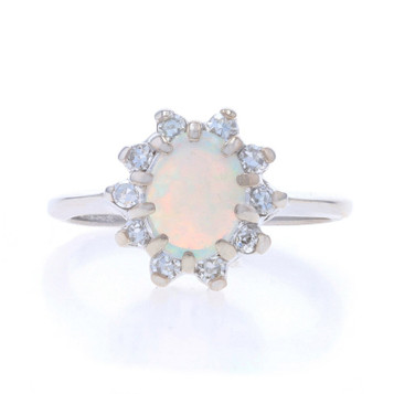 White Gold Australian Opal Diamond Halo Ring - 14k Oval Cabochon .95ctw Floral White Gold Australian Opal Diamond Halo Ring - 14k Oval Cabochon .95ctw Floral