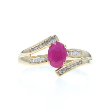 Yellow Gold Ruby Diamond Bypass Ring - 14k Oval 1.16ctw