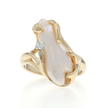 Yellow Gold Biwa Pearl Diamond Ring - 14k