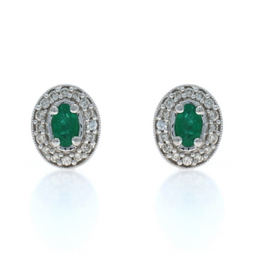 White Gold Emerald Diamond Halo Stud Earrings - 14k Oval .82ctw Pierced