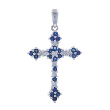 White Gold Blue Sapphire Diamond Cross Pendant - 14k Round .71ctw Faith
