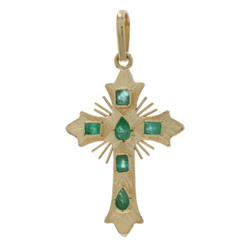 Yellow Gold Emerald Sunray Cross Pendant - 18k Pearl & Emerald .54ctw Faith