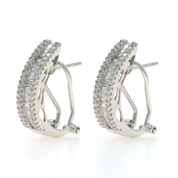 White Gold Diamond J-Hoop Earrings 14k Round Brilliant & Baguette .66ctw Pierced