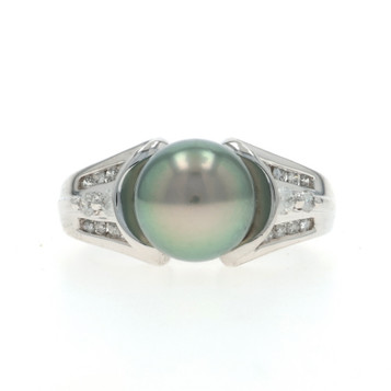 White Gold Tahitian Pearl Diamond Ring - 14k .18ctw