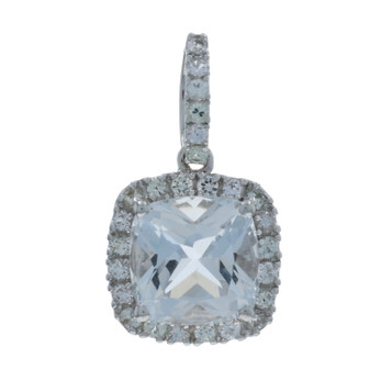 White Gold White Topaz Halo Pendant - 14k Cushion & Round 7.75ctw