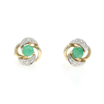 Yellow Gold Emerald Diamond Stud Earrings - 18k Round 4.26ctw Pierced
