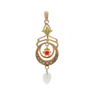 Yellow Gold Simulated Pearl Simulated Ruby Art Deco Lavaliere Pendant 10k Floral
