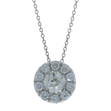 White Gold Diamond Halo Pendant Necklace 16" - 18k Old Mine 2.40ctw Adjustable