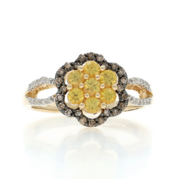 Yellow Gold Sapphire Diamond Flower Halo Ring - 10k Round 1.09ctw