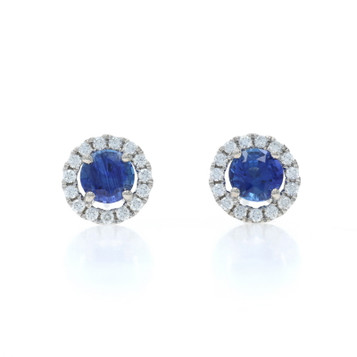 White Gold Sapphire Diamond Halo Stud Earrings - 14k Round 2.42ctw Pierced