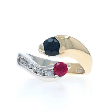 White Gold Sapphire Ruby Diamond Ring - 14k Round .97ctw Two-Stone Bypass SZ 5