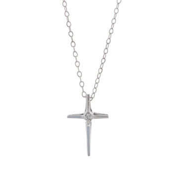 White Gold Diamond Cross Solitaire Necklace 16 1/4" - 14k Single Cut Faith