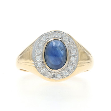Yellow Gold Sapphire Diamond Halo Ring - 18k Oval Cabochon 1.26ctw