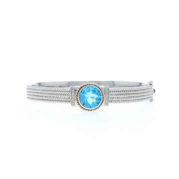 Sterling Silver Blue Topaz Bangle Bracelet 6 3/4" - 925 14k Round 5.75ct
