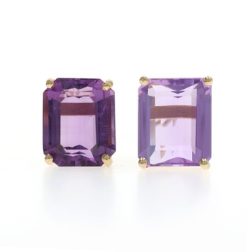 Yellow Gold Amethyst Stud Earrings - 14k Emerald Cut 11.20ctw Pierced