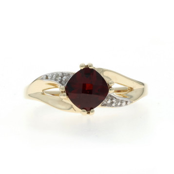 Yellow Gold Garnet Diamond Ring - 10k Cushion Checkerboard 1.10ct