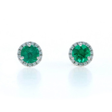 White Gold Emerald Diamond Stud Earrings - 14k Round .94ctw Pierced