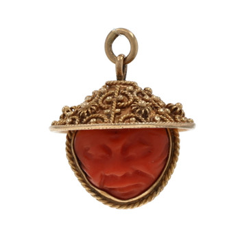 Yellow Gold Coral Vintage Reposed Face Double-Sided Pendant - 18k Carved