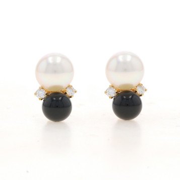 Tiffany & Co. Cultured Pearl Onyx Diamond Stud Earrings -Yellow Gold 14k Pierced