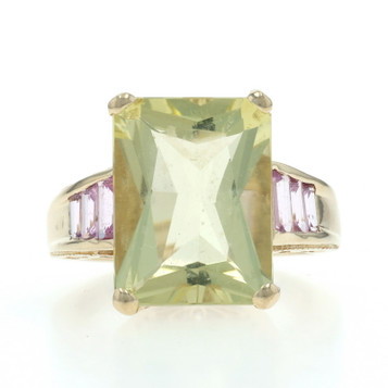 Yellow Gold Lemon Quartz Lab-Created Pink Sapphire Ring - 10k Rect 10.45ctw