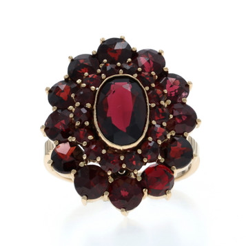 Yellow Gold Garnet Vintage Cluster Cocktail Ring -14k Oval & Rose 9.40ctw Flower