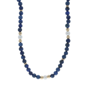 Yellow Gold Lapis Lazuli Cultured Pearls Necklace 27" - 14k