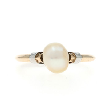 Yellow Gold Pearl Art Deco Solitaire Ring - 10k Bead Vintage Knife-Edge