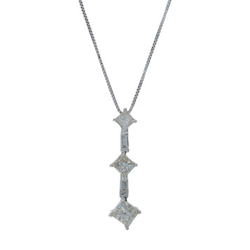 White Gold Diamond Necklace 18" - 14k Princess & Baguette 1.00ctw Three-Stone