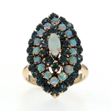 Yellow Gold Australian Opal Sapphire Cluster Cocktail Ring -14k Cabochon 4.27ctw