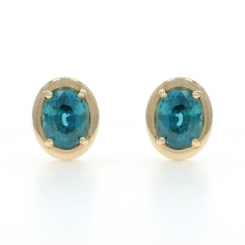 Yellow Gold Blue Zircon Stud Earrings - 14k Oval 3.60ctw Pierced