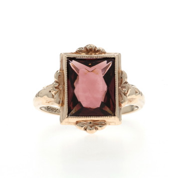 Yellow Gold Glass Vintage Cocktail Solitaire Ring - 10k Rectangular Cut