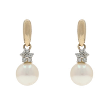 Yellow Gold Pearl Diamond Dangle Earrings - 10k Pierced