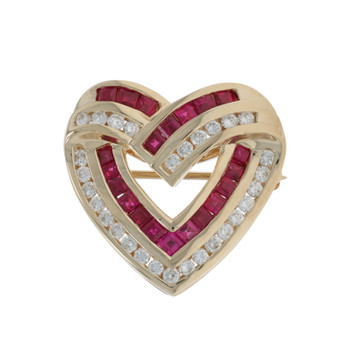 Yellow Gold Diamond Ruby Heart Brooch/Pearl Enhancer Pendant 14k 1.65ctw LovePin