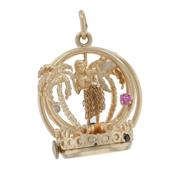 Dankner Sapphire Ruby Vintage Hula Dancer Living Charm - Gold 14k Hawaii Moves