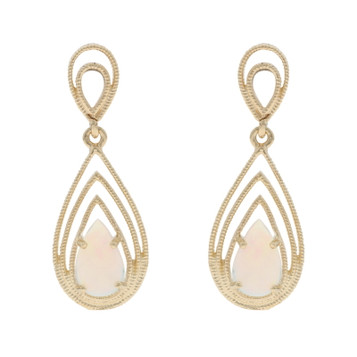 Yellow Gold Australian Opal Teardrop Dangle Earrings 14k Pear Cab .80ctw Pierced