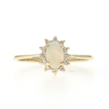 Yellow Gold Australian Opal Diamond Halo Ring - 14k Oval Cabochon .31ctw