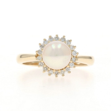 Yellow Gold Pearl Diamond Halo Ring - 14k .20ctw