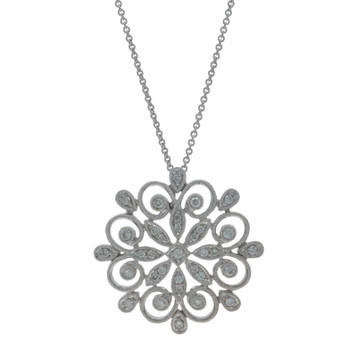 White Gold Diamond Floral Medallion Pendant Necklace 16 1/4" - 14k Round .33ctw