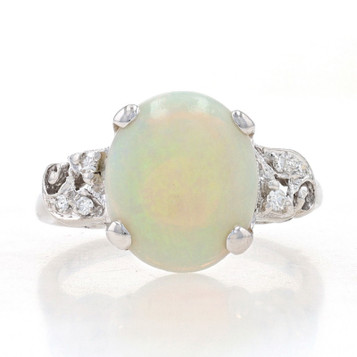White Gold Opal & Diamond Vintage Ring - 14k Oval Cabochon 2.66ctw Milgrain Sz 6