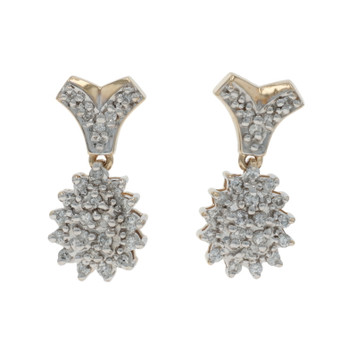 Yellow Gold Diamond Cluster Dangle Earrings - 14k Round Brilliant .50ctw Pierced