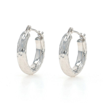 White Gold Etched Round Hoop Earrings - 14k Pierced