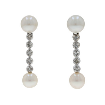 White Gold Pearl Diamond Dangle Earrings - 14k .10ctw Pierced