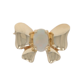 Yellow Gold Australian Opal Bow Solitaire Slide Pendant -14k Oval Cabochon .25ct