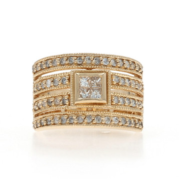 Yellow Gold Diamond Cluster Cocktail Band - 14k Round & Princess 1.00ctw Ring